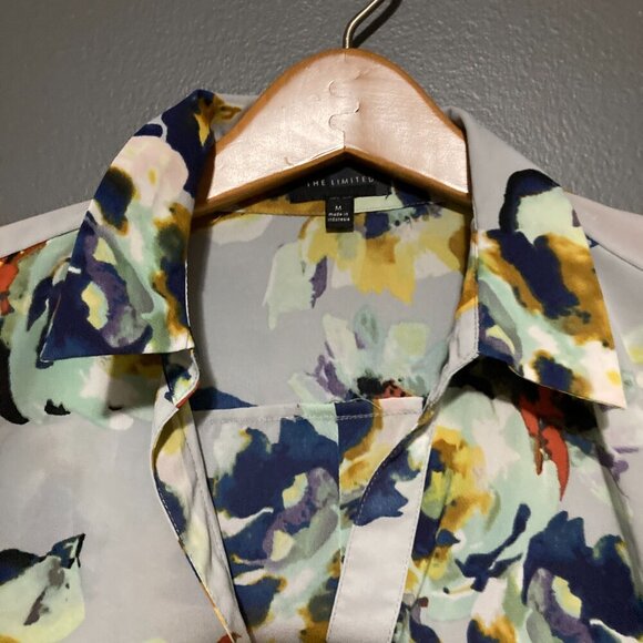 The Limited Size M Button Up Blouse Floral Blue Grey Yellow Long Sleeve Flowy - Picture 5 of 9